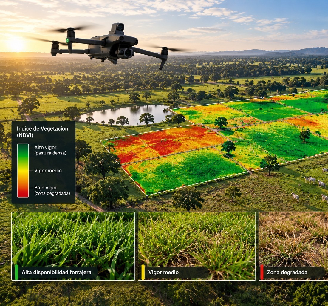Pastura evaluada mediante análisis de vegetación y teledetección con drones