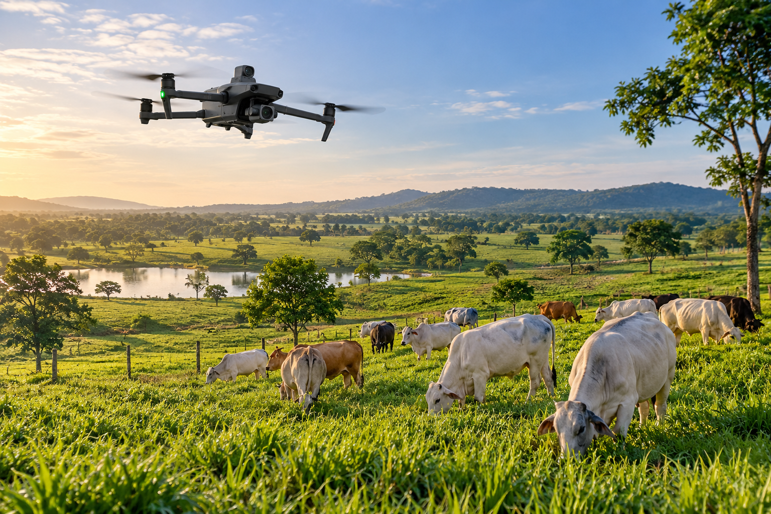 Vista aérea de potreros y pasturas en una finca ganadera